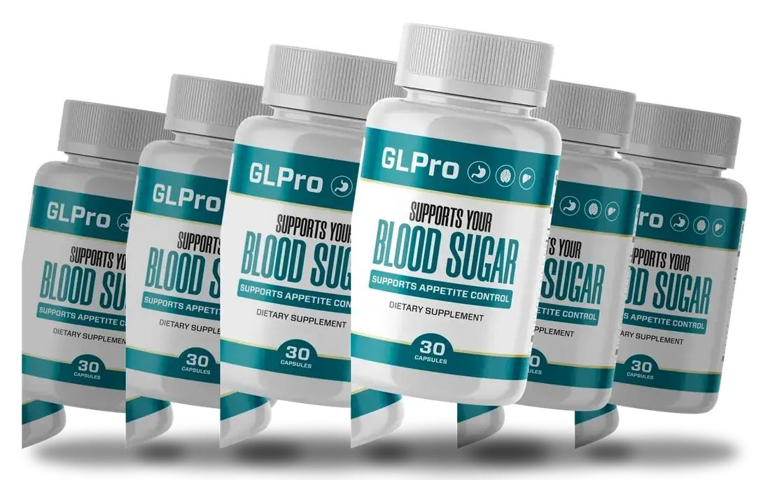 6 white GLPro bottles with teal bands