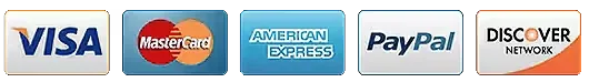 Card logos: Visa, Mastercard, American Express, PayPal and Discover