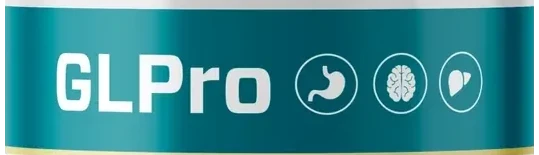 The top band of the GLPro bottle: GLPro in white with three round icons, a stomach, a brain and a liver