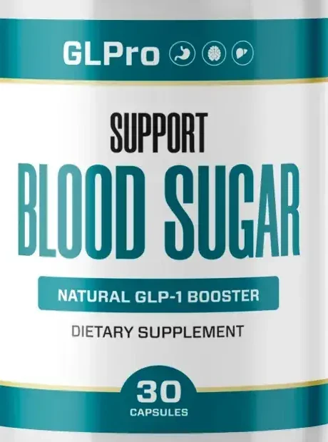 Front of a GLPro bottle from the 6-bottle render, reading Support Blood Sugar and Natural GLP-1 Booster