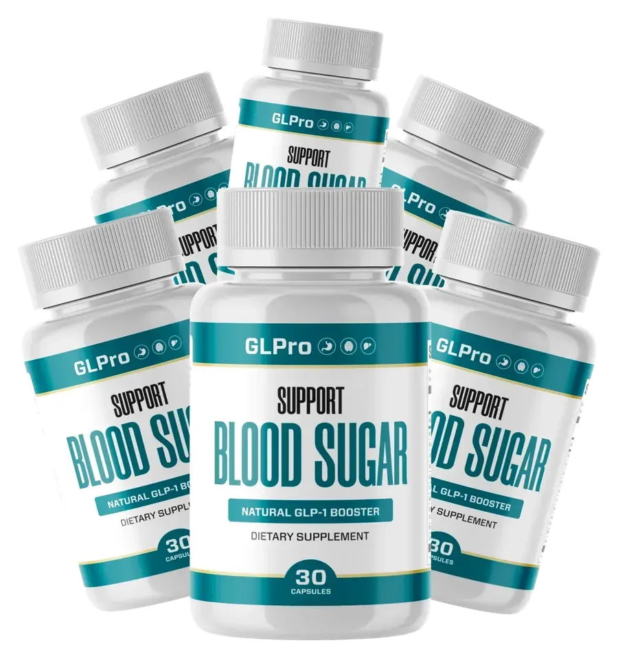 Six GLPro bottles grouped together; the front one reads Natural GLP-1 Booster